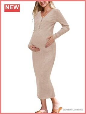 Wool Blend Maternity Sweater Dress Button Front V Neck Baby Shower